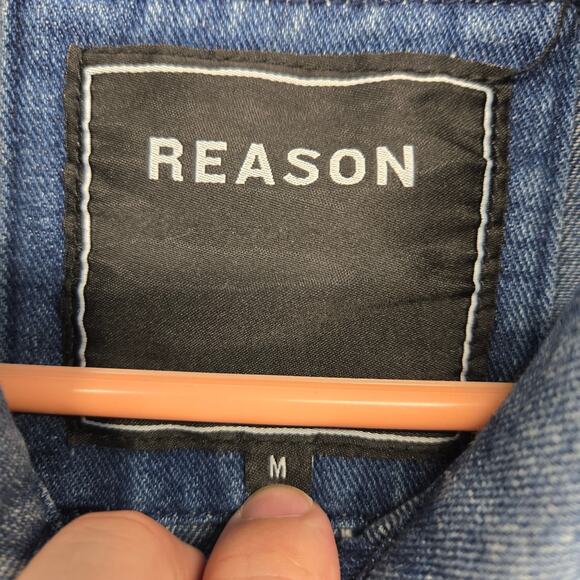 REASON Jean Jacket Mens Small Blue Hand Crafted Denim Button Up Cotton Pockets - Picture 2 of 14
